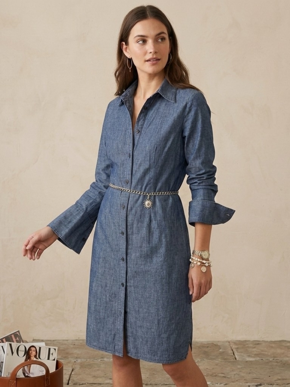 Vintage Tristan & Iseult Denim Chambray Shirt Dress Size S Flared Cuff Linen